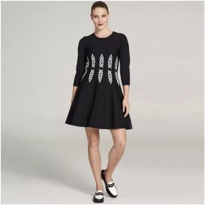 Eliza J Dress Black White 3/4  Sleeve Fit‎ & Flare Medallion Waist Large EUC